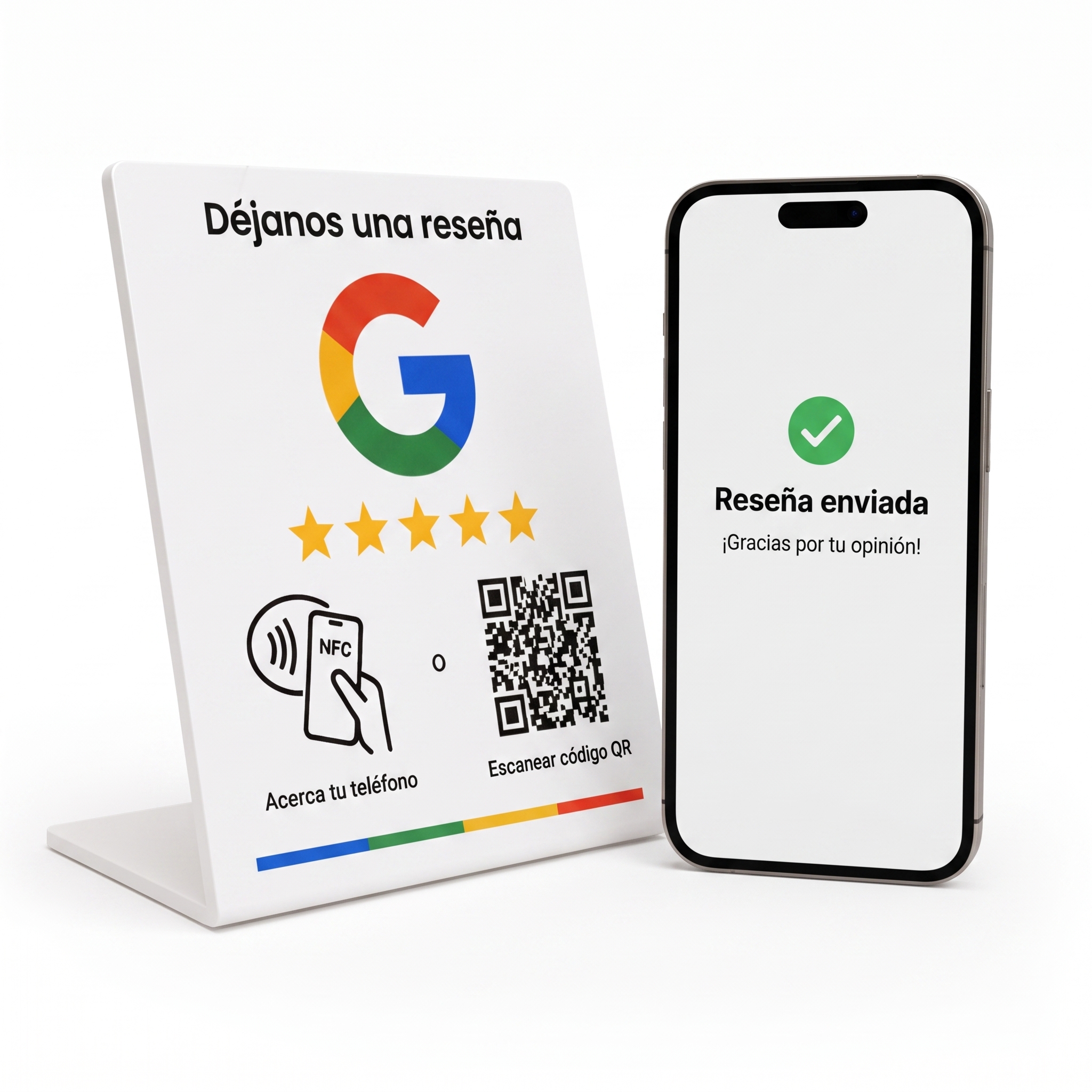 Atril Five Club con NFC y código QR junto a un iPhone mostrando la confirmación de reseña enviada
